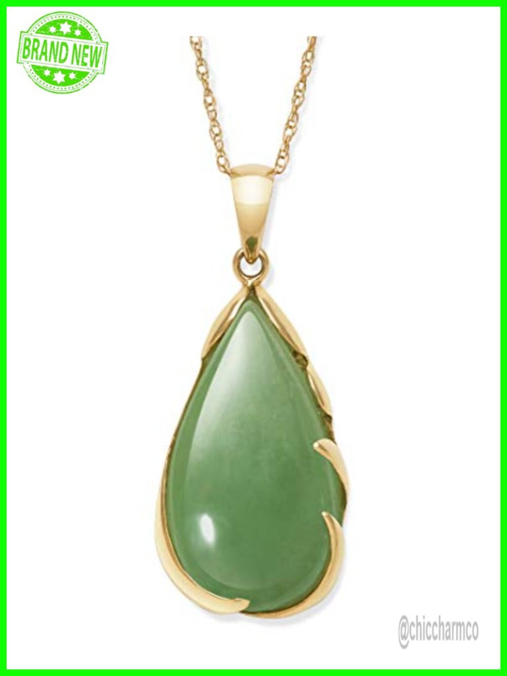 14K Yellow Gold Natural Jade Teardrop Pendant Necklace 18in